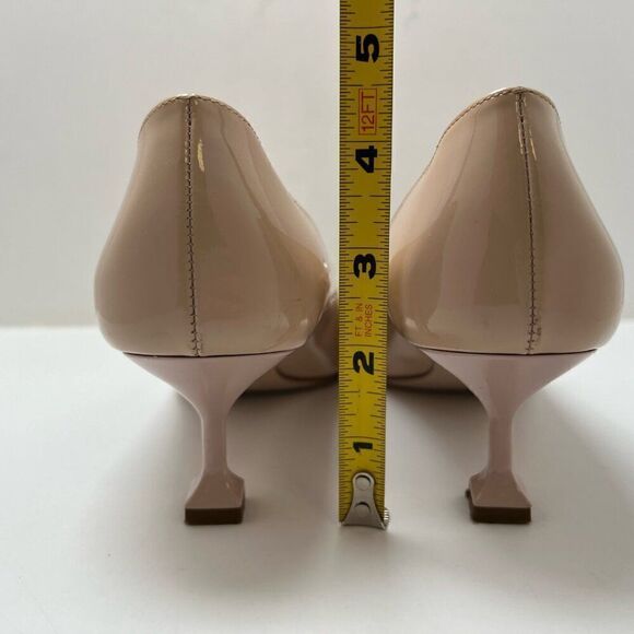 Miu Miu Embellished Patent Leather Tan Pumps Pedestal Kitten Heel Beige Sz 36.5 - Picture 9 of 13